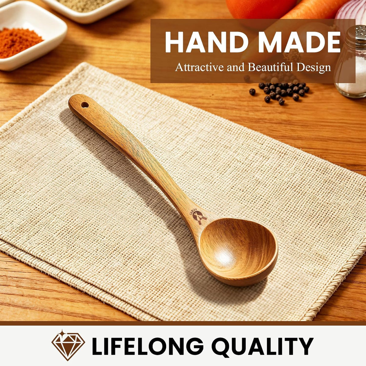 Wooden Ladle for Soup, Natural Teak Wood Soup Ladle, Kitchen Soup Spoons