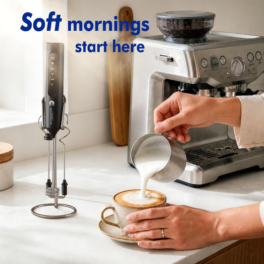 Rechargeable Milk Frother with Stand, 4 Interchangeable Whisks & Travel Case – Handheld Mixer for Lattes, Matcha, Hot Chocolate, Eggs & Protein Shakes