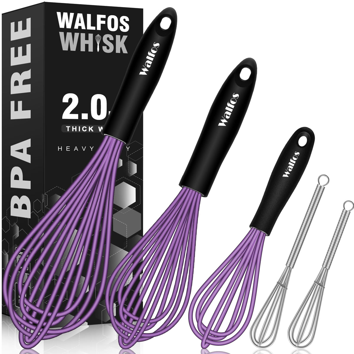 Walfos Mini Whisk,Non-Rust Whisk,304 Stainless steel Small Whisks.Heat Resistant 450℉.6+8Inch Tiny whisks Nice for Whisking, Blending Ingredients, Beating, Mixing Sauces (Silver)