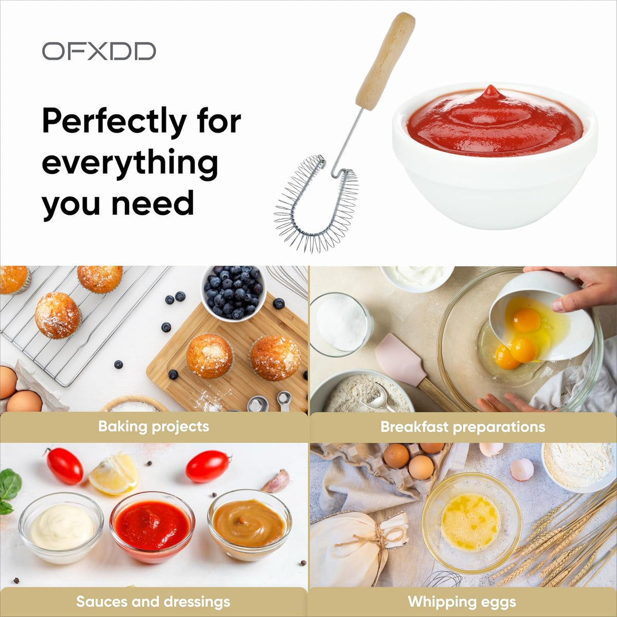 Stainless Steel Spiral Wire Whisk - Heavy Duty Coil Sauce & Gravy Whipper - Wooden Handheld Egg Whisks