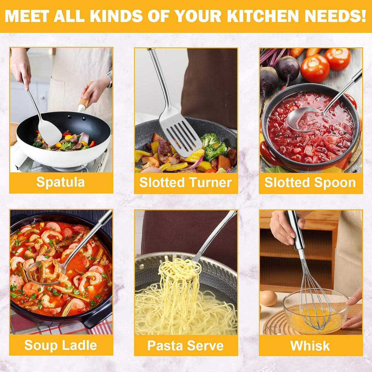 6-Piece Kitchen Cooking Utensils Set, Stainless Steel Kitchen Utensils with Suspendable Handle, Spatula, Slotted Turner, Soup Ladle, Slotted Spoon, Whisk, Pasta Server, Dishwasher Safe