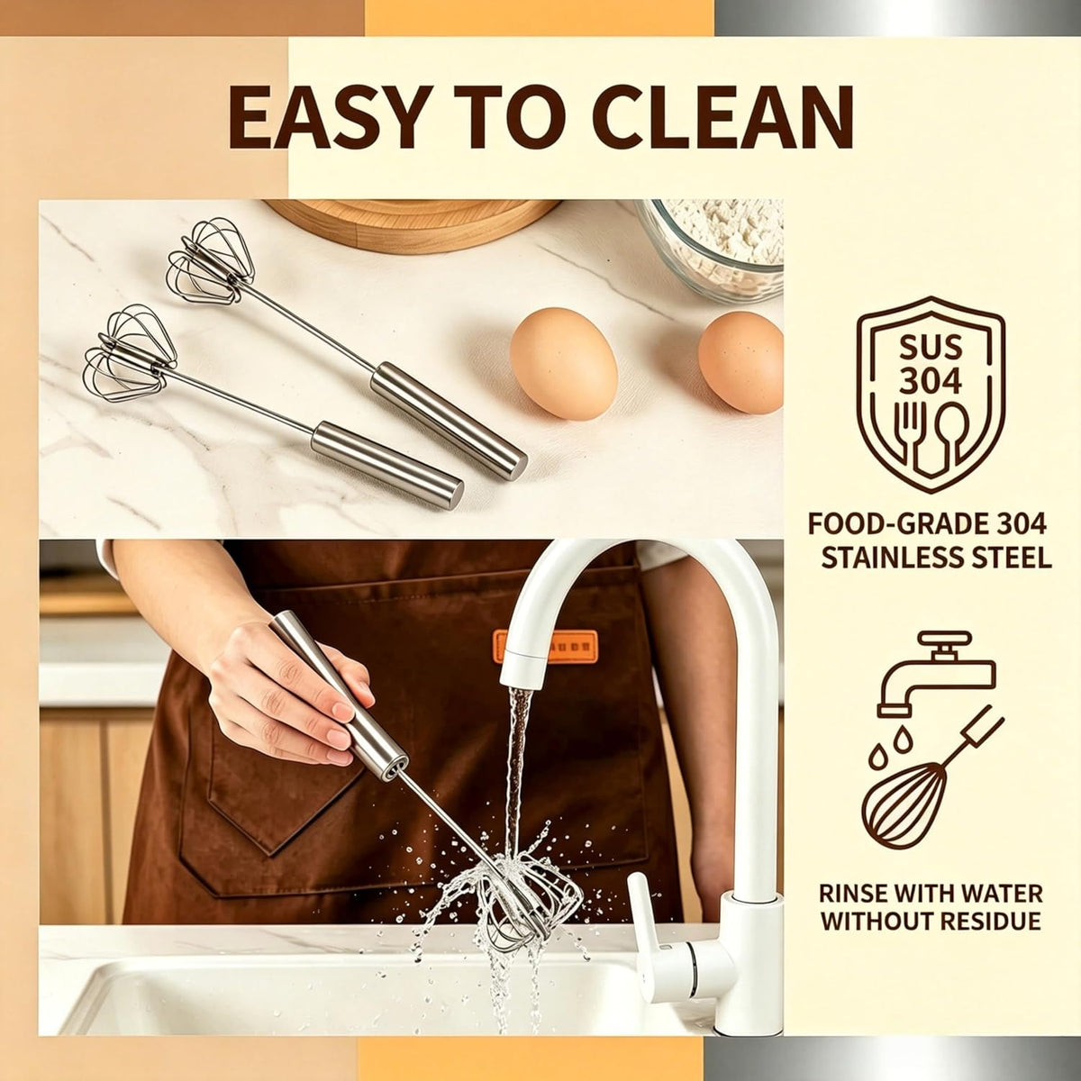 Stainless Steel Semi-Automatic Whisk, New Stainless Steel Egg Whisk Hand Push Spinning Whisk, Versatile Egg Whisk Stirrer Tool for Making Cream, Beating and Stirring Whisking (1, small)