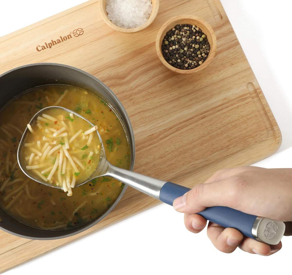 Calphalon Edge Soup Ladle, Stainless Steel Soup Ladle, Serving Ladle with Silicone Handle, Heat-Resistant Nonstick-Safe Kitchen Ladle for Soups, Sauces & Stews, Navy