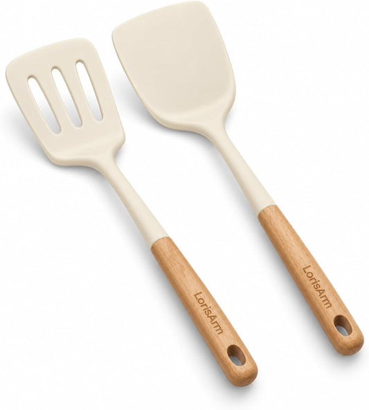 LorisArm Large 2 PCS Silicone Spatula Turner Set Wooden Handle, Heat Resistant Solid & Slotted Turner Flipper, Cooking Utensils Flipping Eggs, Pancakes, Fish, Burgers.