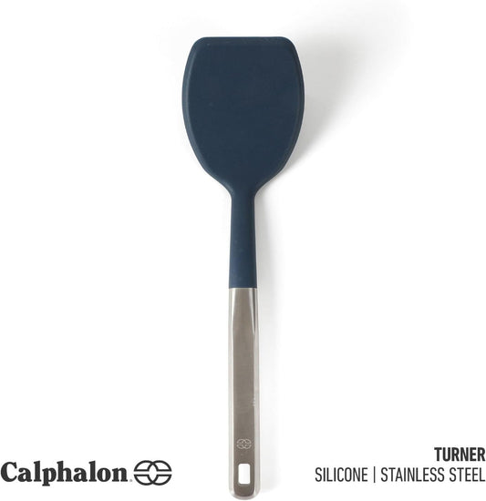 Calphalon Prime Solid Turner, Cooking Spatula, Kitchen Spatula, Stainless Steel Turner with Navy Silicone Head, Heat Resistant for Nonstick Cookware, Ergonomic Handle for Easy Turning
