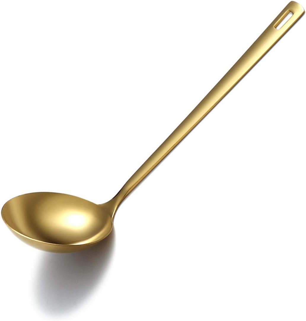 Gold Ladle, Berglander Stainless Steel Kitchen Ladle With Titainium Gold Plating, Soup Ladle, Cooking Ladle, Metal Soup Spoon For Cooking, Dishwasher Safe, Easy to Clean