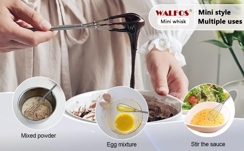 Walfos Mini Whisk,Non-Rust Whisk,304 Stainless steel Small Whisks.Heat Resistant 450℉.6+8Inch Tiny whisks Nice for Whisking, Blending Ingredients, Beating, Mixing Sauces (Silver)