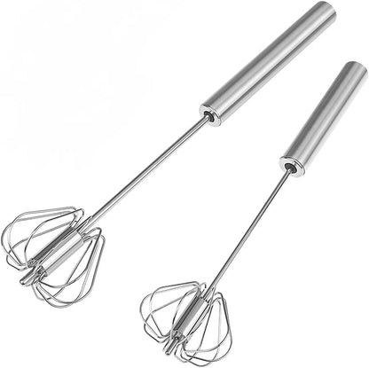 2 PCS Stainless Steel Semi-Automatic Whisk, Hand Push Rotary Whisk Blender, Versatile Milk Frother for Blending, Whisking, Stirring (12 Inch)