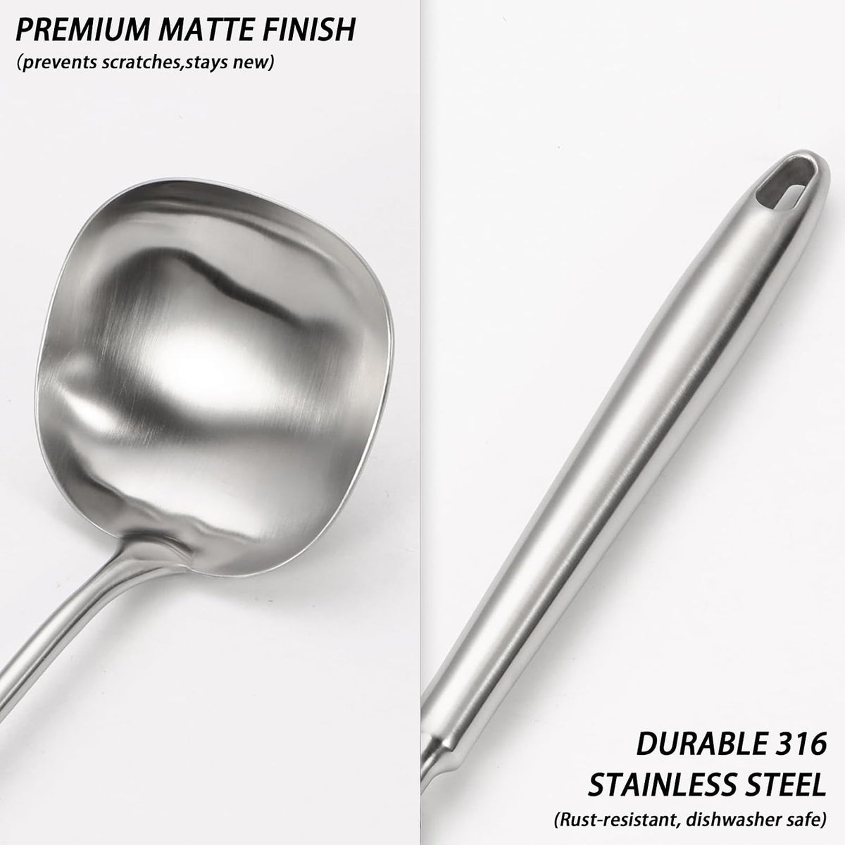 15.4" Large Soup Ladle,316 Stainless Steel Kitchen Ladle with Unique Square Head,Premium Matte Finish Gravy Ladle for Serving Stews,Soups&Sauces,Ergonomic Heat-Resistant Handle Soup Spoon