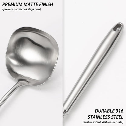 15.4" Large Soup Ladle,316 Stainless Steel Kitchen Ladle with Unique Square Head,Premium Matte Finish Gravy Ladle for Serving Stews,Soups&Sauces,Ergonomic Heat-Resistant Handle Soup Spoon