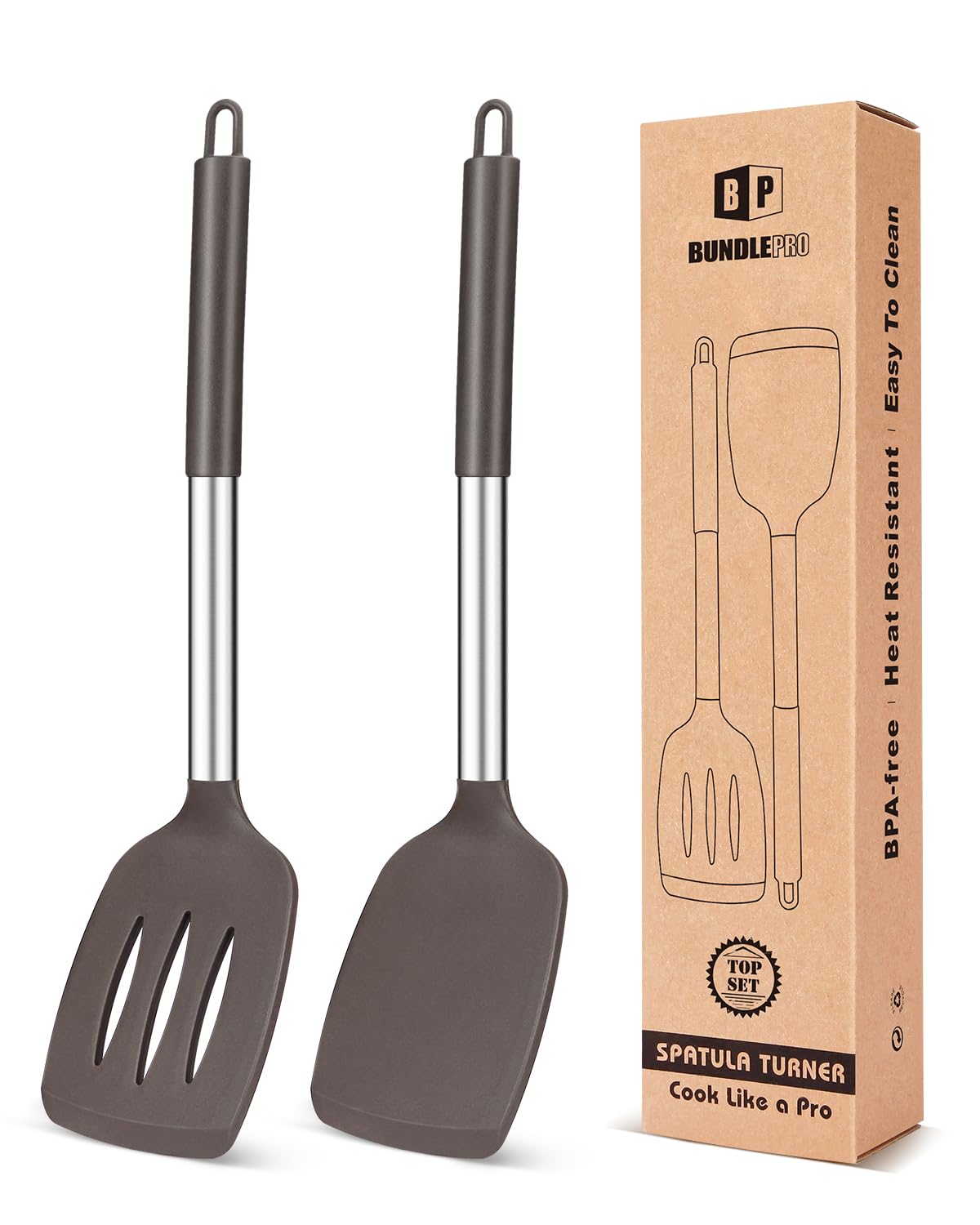 Pack of 2 Silicone Solid Turner, Non Stick Slotted Kitchen Spatulas, High Heat Resistant BPA Free Cooking Utensils, Ideal Cookware for Fish, Eggs, Pancakes(Black)