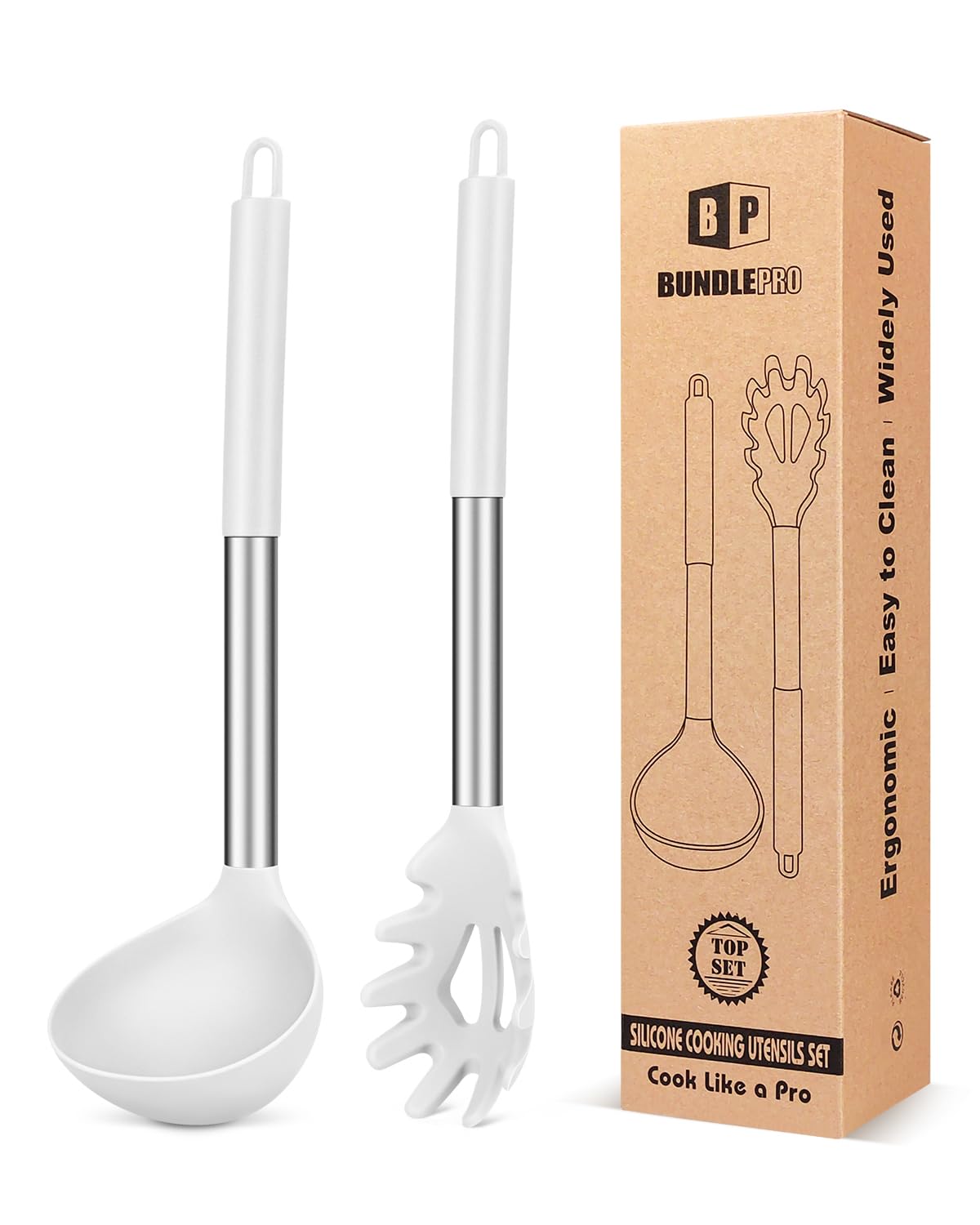 BUNDLEPRO Silicone Soup Ladle and Pasta Spoon Set, 2 Pack, Black