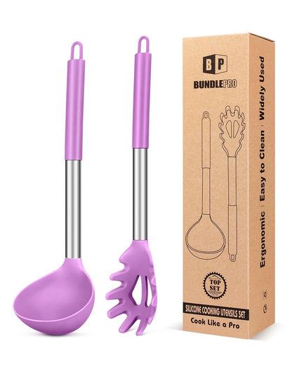BUNDLEPRO Silicone Soup Ladle and Pasta Spoon Set, 2 Pack, Black