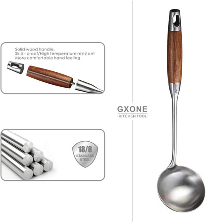 Soup Ladle,304 Stainless Steel Cooking Ladle with Wooden Handle,14.6Inch