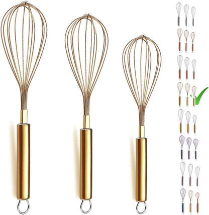 Berglander Gold Whisk Pack of 3 Stainless Steel 8",10",12", Titianium Plating Whisks for Cooking, Beater,Wire Whisk Set Kitchen Wisk (Gold)
