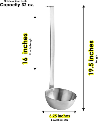 Stainless Steel Ladle, 32 oz – Heavy-Duty 2-Piece Construction, Long Handle, Hooked Design for Easy Storage – Perfect for Soup, Stew, Chili, Sauce, and Commercial Kitchens (1, 32 Oz)