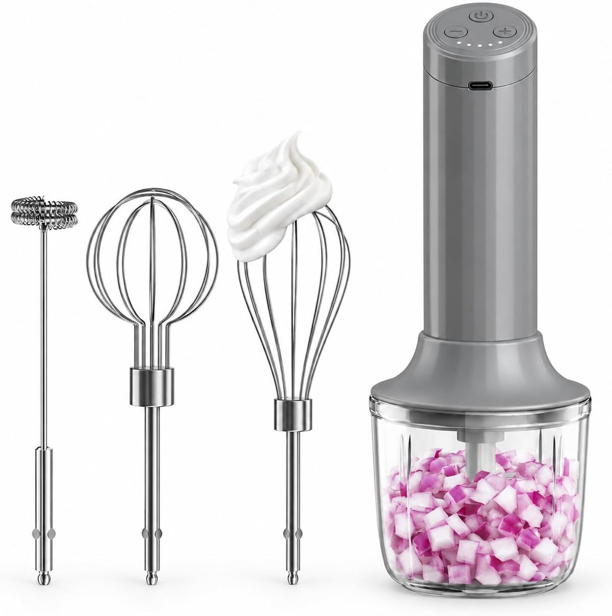Cordless Hand Mixer, 4-in-1 Handheld Electric Mixer with Electric Whisk Frother & 10 oz Mini Food Chopper, USB-C Rechargeable 4-Speed Hand Mixer for Eggs, Cream, Coffee & Small-Batch Prep