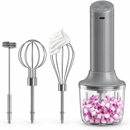 Cordless Hand Mixer, 4-in-1 Handheld Electric Mixer with Electric Whisk Frother & 10 oz Mini Food Chopper, USB-C Rechargeable 4-Speed Hand Mixer for Eggs, Cream, Coffee & Small-Batch Prep