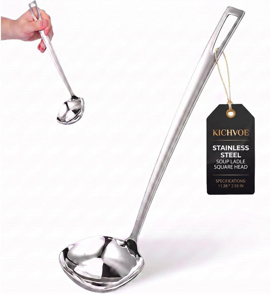 Kichvoe Stainless Steel Soup Ladle Square Head Kitchen Serving Spoon11.36in