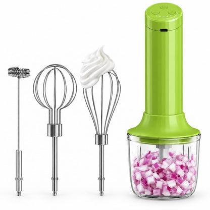 Cordless Hand Mixer, 4-in-1 Handheld Electric Mixer with Electric Whisk Frother & 10 oz Mini Food Chopper, USB-C Rechargeable 4-Speed Hand Mixer for Eggs, Cream, Coffee & Small-Batch Prep
