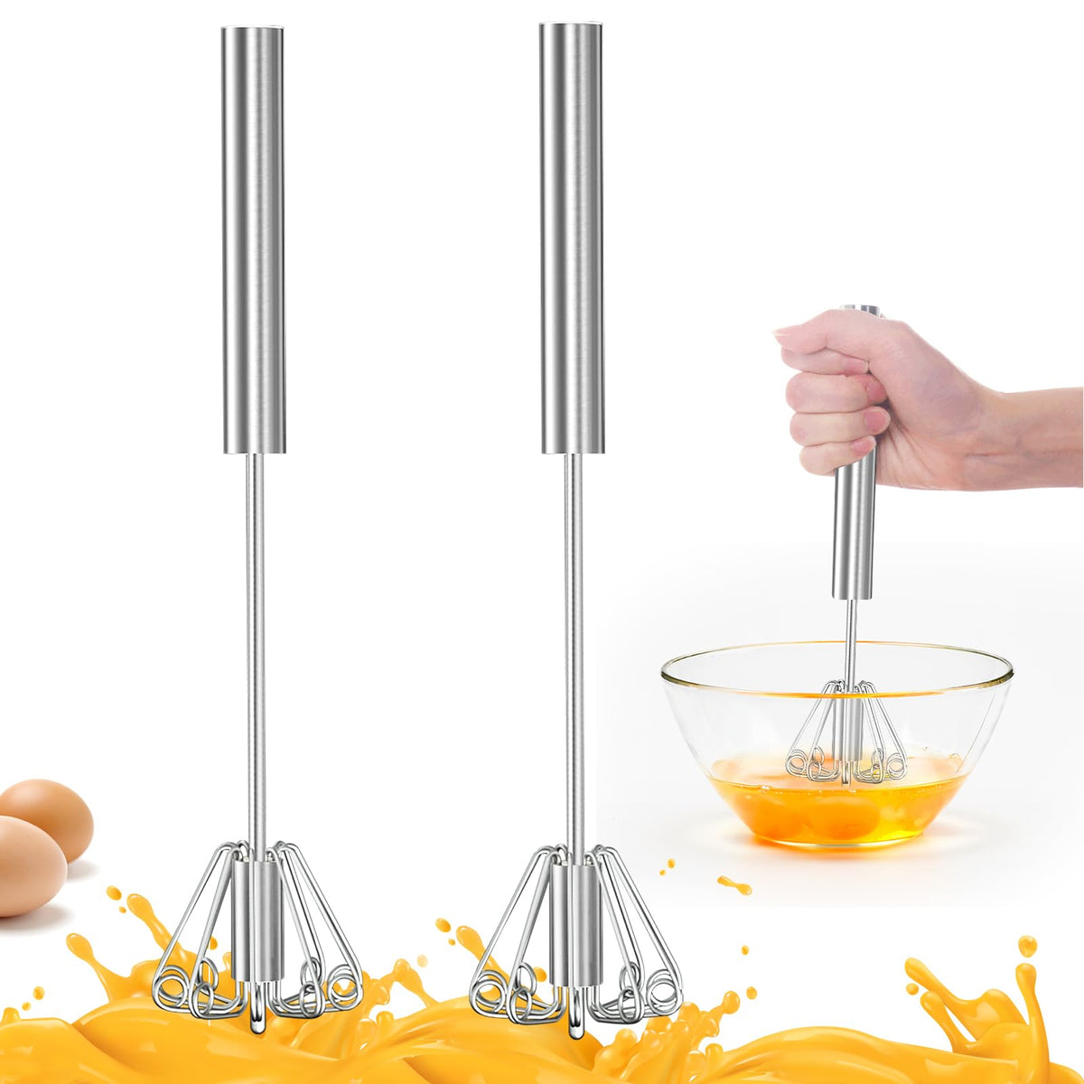 OOKUU Stainless Steel Egg Whisk, Semi Automatic Whisk Blender - Versatile Tool for Blending, Whisking, Beating & Stirring (12in)