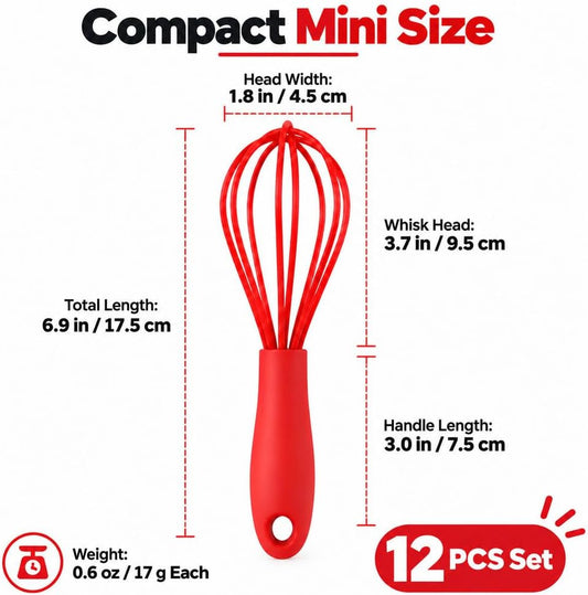 Compact Silicone Whisk (6.7 Inch), 12 Pack Portable Mini Balloon Mixer Egg Beater, Manual Handheld Milk Frothers, Household Egg Blender Small Silicone Egg Whisks for Cooking (Red)