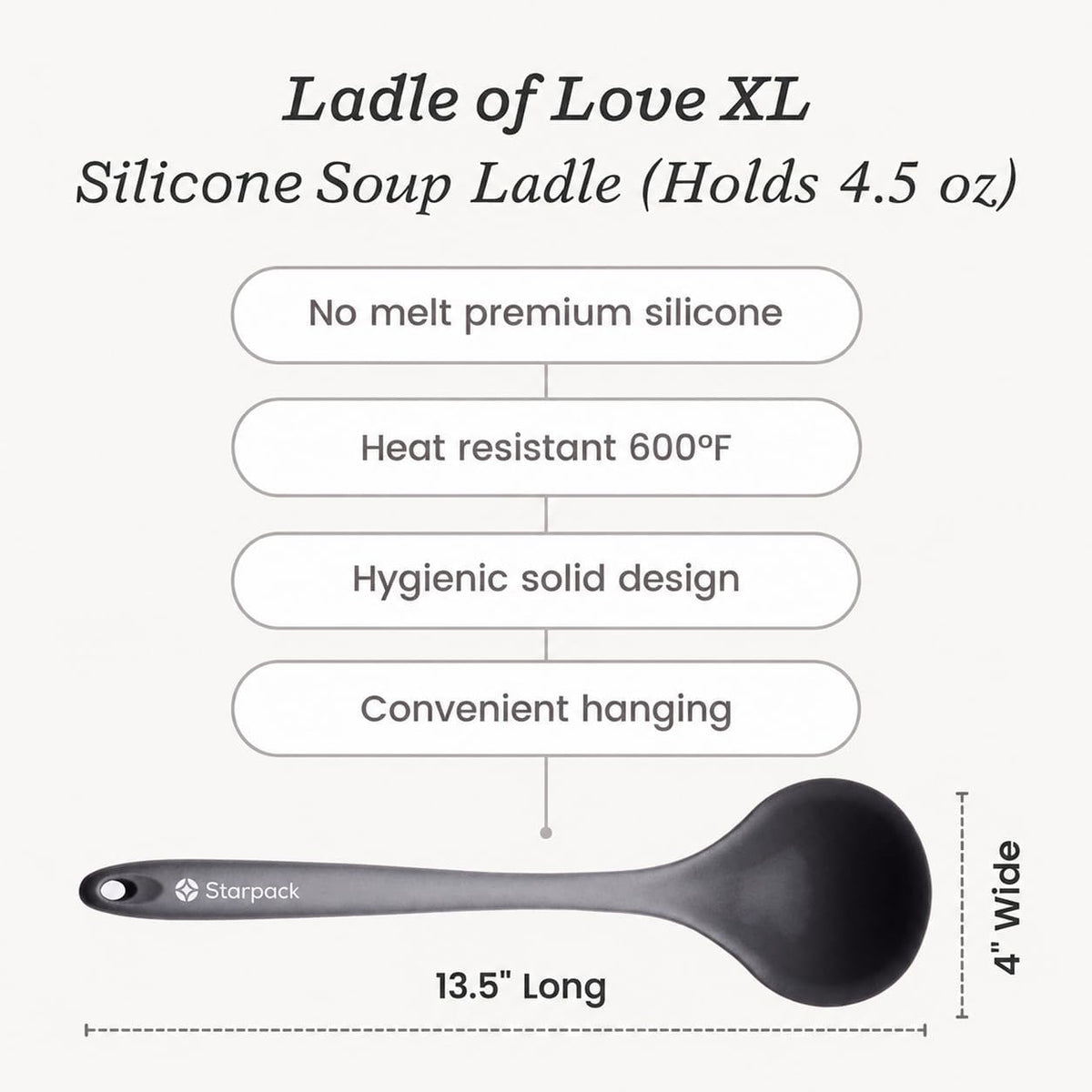 Starpack 'Ladle of Love' XL Premium Silicone Ladle Spoon - Up-to 600°F High Heat Resistant Soup Ladles - Kitchen Ladles for Serving, Non Stick Silicone Spoons, LFGB Grade Cooking Spoon - Gray Black