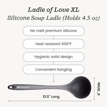 Starpack 'Ladle of Love' XL Premium Silicone Ladle Spoon - Up-to 600°F High Heat Resistant Soup Ladles - Kitchen Ladles for Serving, Non Stick Silicone Spoons, LFGB Grade Cooking Spoon - Gray Black