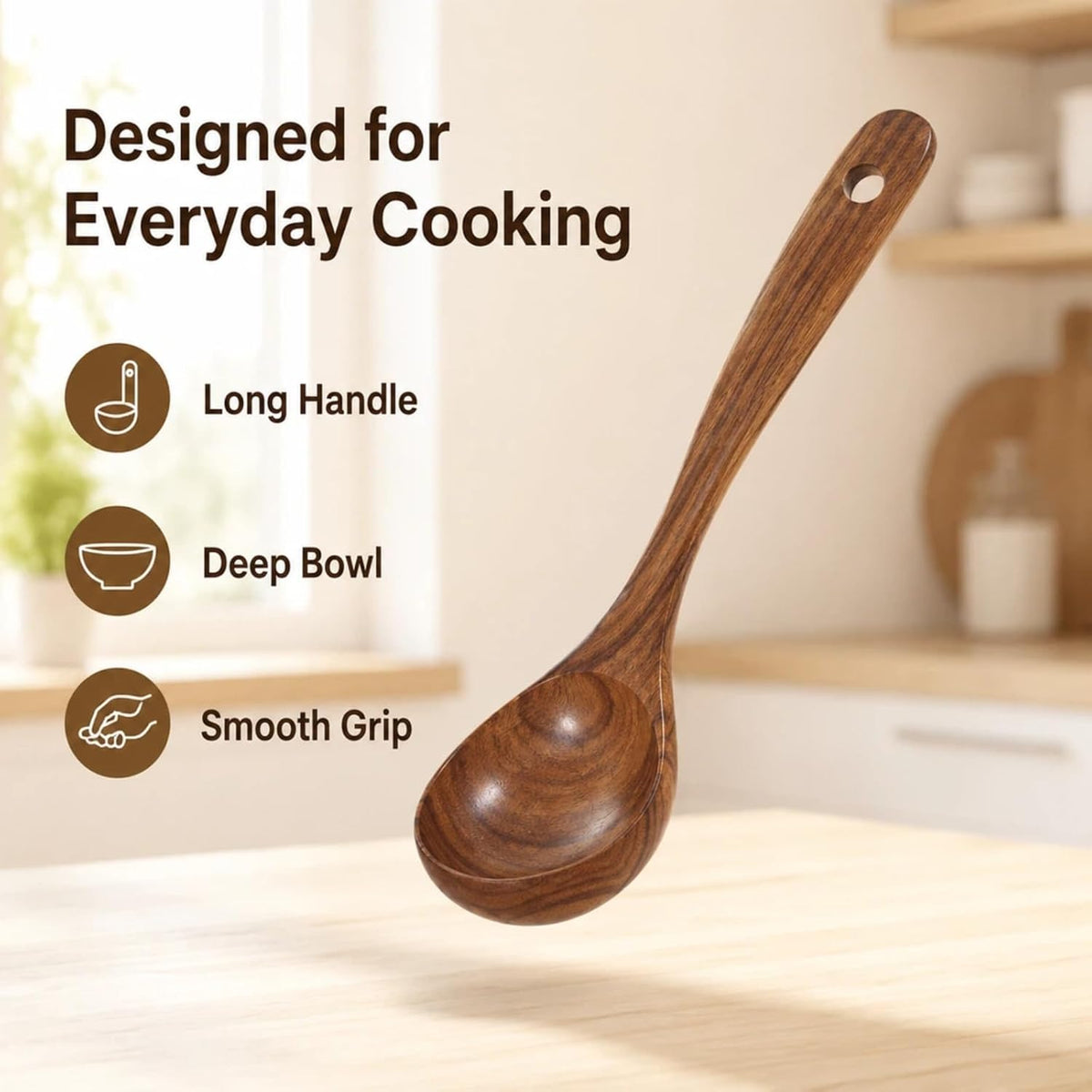 Wooden Ladle for Soup – 11x3" Deep Wood Ladle, Long Handle-End & Heat-Resistant Handle for Comfortable Grip, Easy to Clean Wooden Soup Spoon for Sauces, Stews and Kitchen Use Cooking