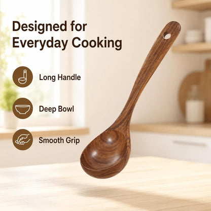 Wooden Ladle for Soup – 11x3" Deep Wood Ladle, Long Handle-End & Heat-Resistant Handle for Comfortable Grip, Easy to Clean Wooden Soup Spoon for Sauces, Stews and Kitchen Use Cooking