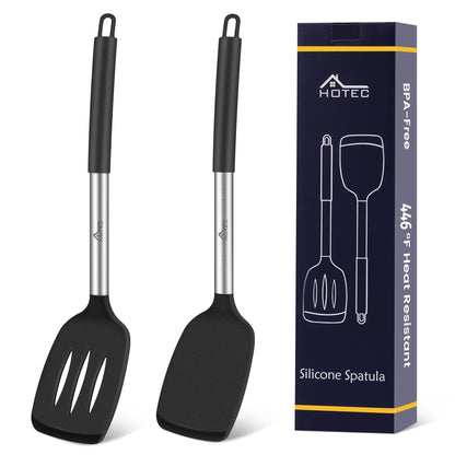 HOTEC Silicone Spatula Set of 2 Heat-Resistant 600°F & BPA-Free Kitchen SaptulaTurner with Stainless Steel Handles, Slotted & Solid Spatulas for Nonstick Cookware, 13.7 Inch, Classic Blue