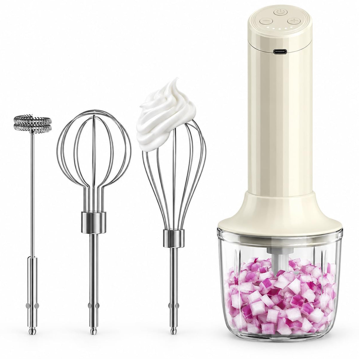 Cordless Hand Mixer, 4-in-1 Handheld Electric Mixer with Electric Whisk Frother & 10 oz Mini Food Chopper, USB-C Rechargeable 4-Speed Hand Mixer for Eggs, Cream, Coffee & Small-Batch Prep