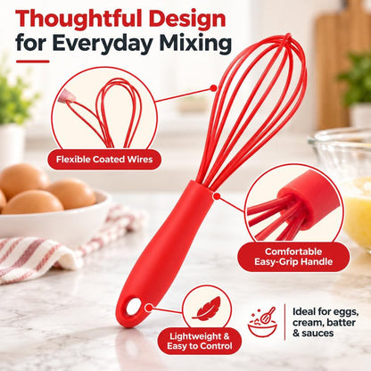 Compact Silicone Whisk (6.7 Inch), 12 Pack Portable Mini Balloon Mixer Egg Beater, Manual Handheld Milk Frothers, Household Egg Blender Small Silicone Egg Whisks for Cooking (Red)