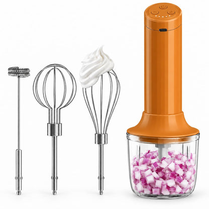 Cordless Hand Mixer, 4-in-1 Handheld Electric Mixer with Electric Whisk Frother & 10 oz Mini Food Chopper, USB-C Rechargeable 4-Speed Hand Mixer for Eggs, Cream, Coffee & Small-Batch Prep