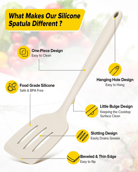 BUNDLEPRO Silicone Spatula, Solid & Slotted Turner, One-Piece, 2 Pack,Khaki