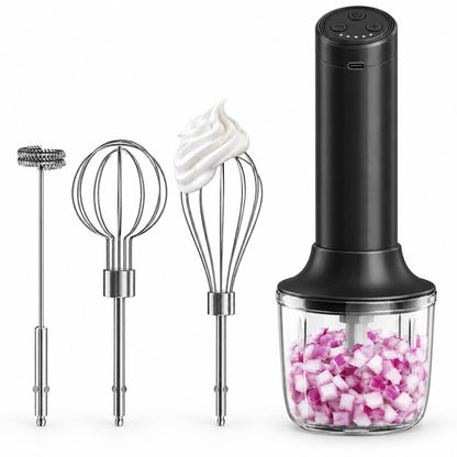 Cordless Hand Mixer, 4-in-1 Handheld Electric Mixer with Electric Whisk Frother & 10 oz Mini Food Chopper, USB-C Rechargeable 4-Speed Hand Mixer for Eggs, Cream, Coffee & Small-Batch Prep