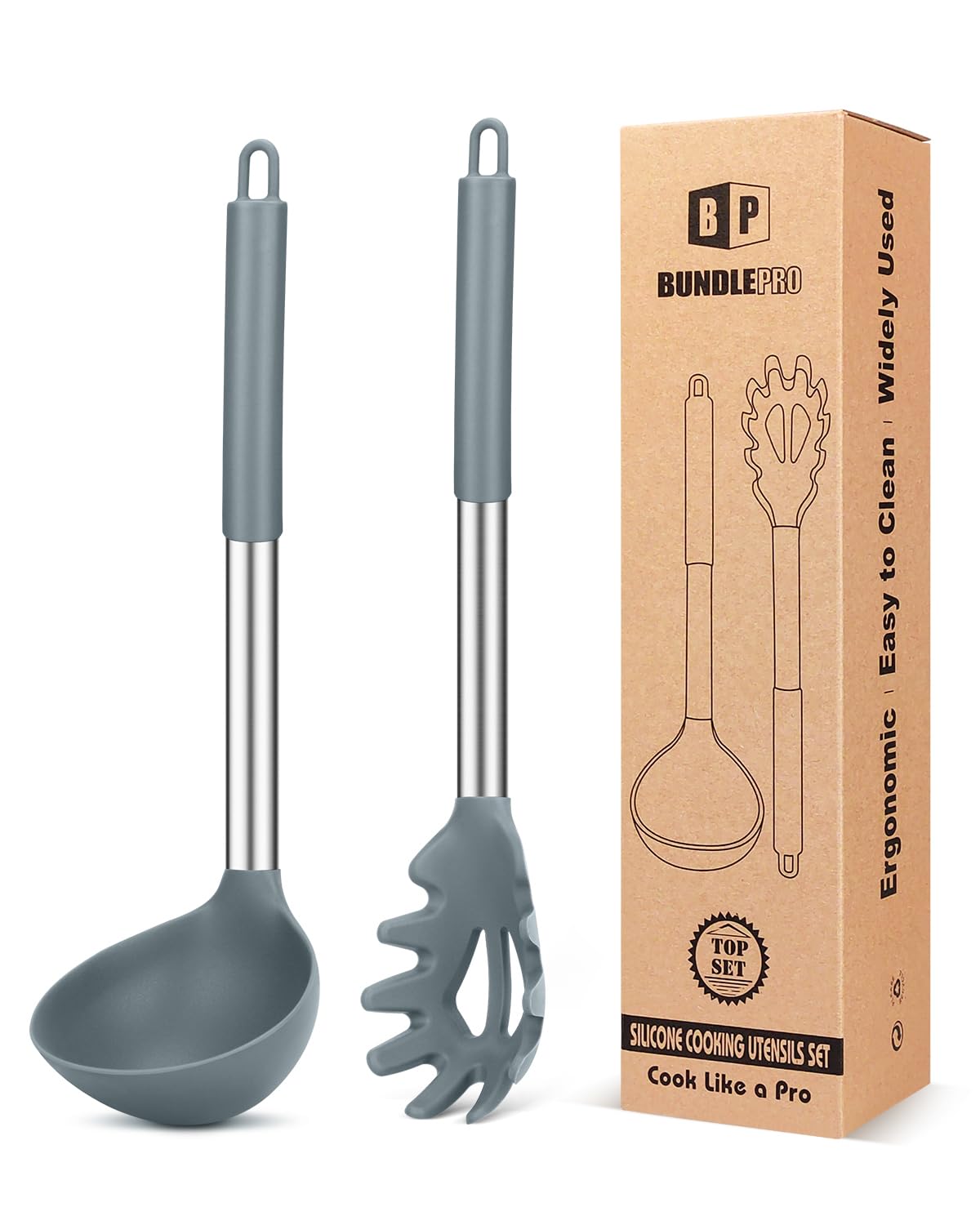 BUNDLEPRO Silicone Soup Ladle and Pasta Spoon Set, 2 Pack, Black