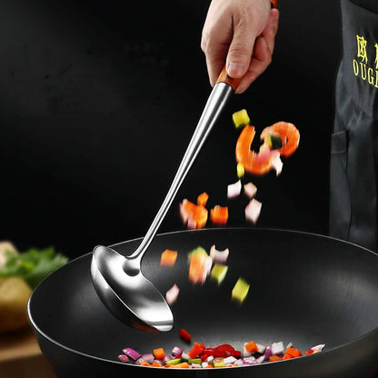 FJNATINH Soup Ladle, 17inches Ladle for wok, 304 Stainless Steel Soup Spoon Cooking Spoon for Kitchen with Wooden Handle