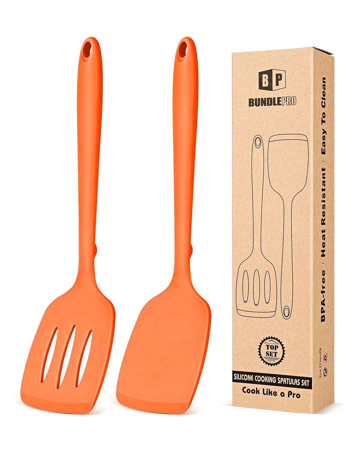BUNDLEPRO Silicone Spatula, Solid & Slotted Turner, One-Piece, 2 Pack,Khaki