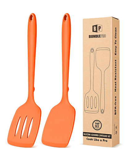 BUNDLEPRO Silicone Spatula, Solid & Slotted Turner, One-Piece, 2 Pack,Khaki