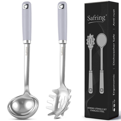 Safring Stainless Steel Soup Ladle and Spaghetti Spoon Set, Heat Resistant Rubber Handle, Dishwasher Safe, Kitchen Utensils for Cooking, Stirring, Serving Pasta, Soup & Sauce