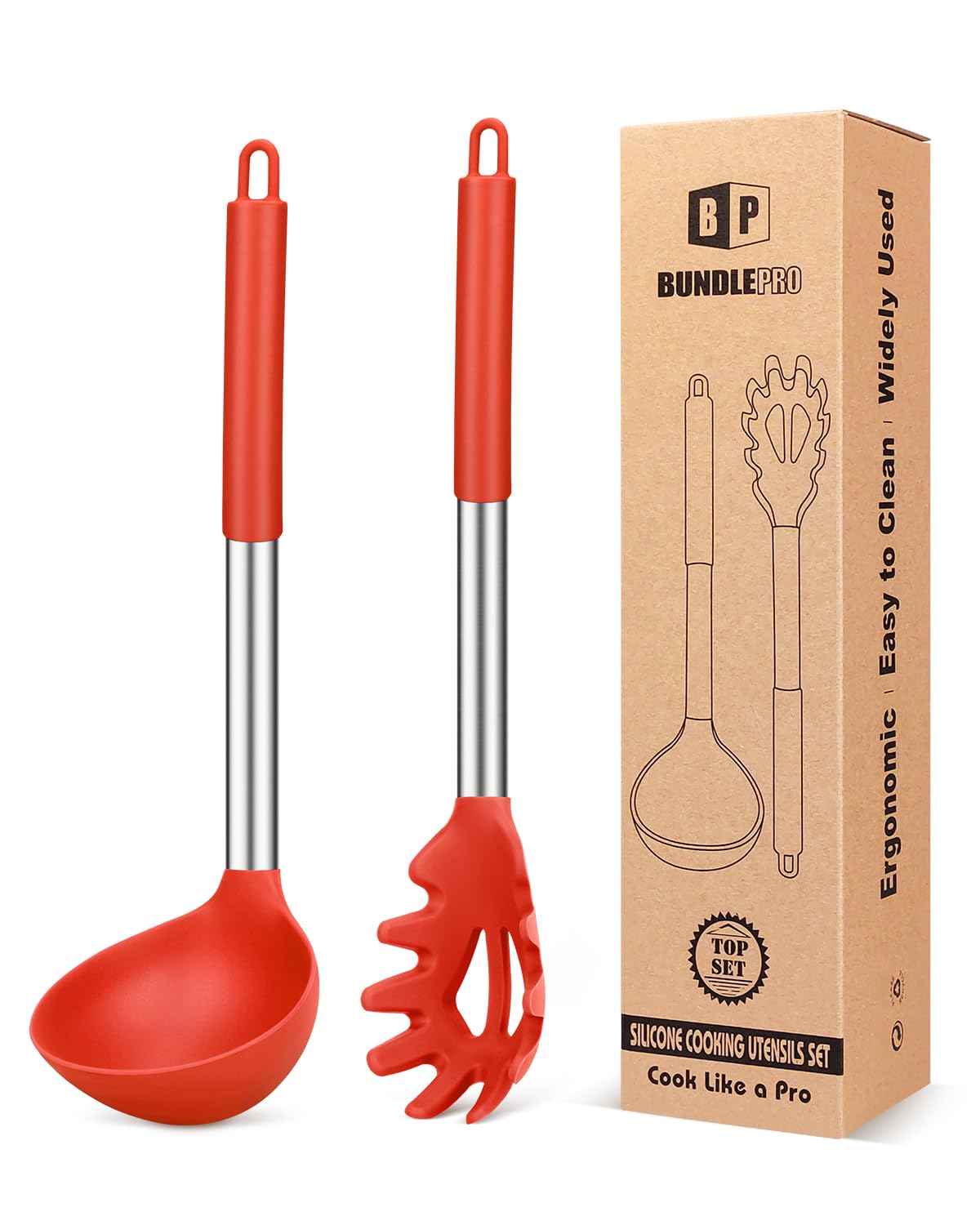 BUNDLEPRO Silicone Soup Ladle and Pasta Spoon Set, 2 Pack, Black