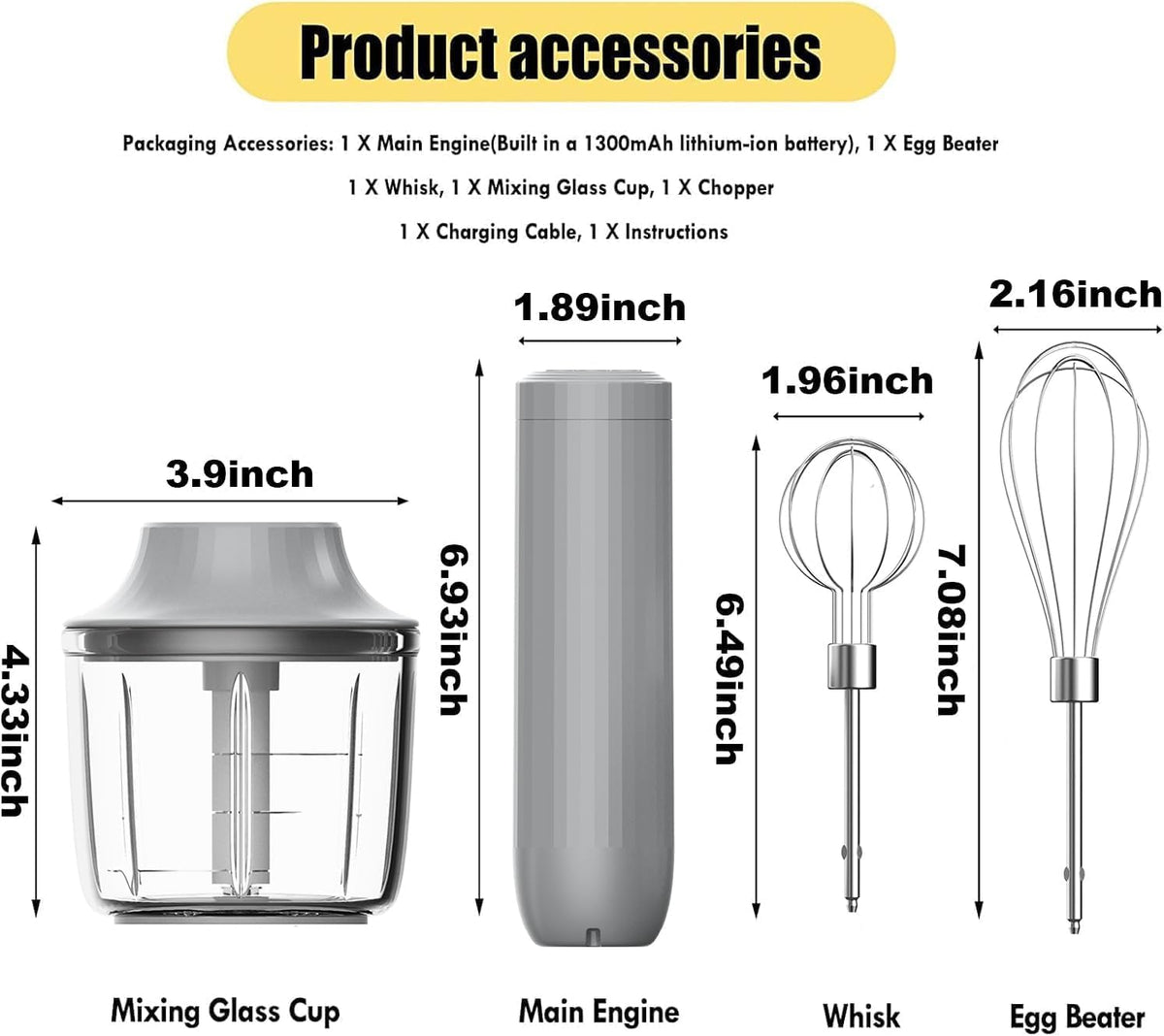 Cordless Hand Mixer, 4-in-1 Handheld Electric Mixer with Electric Whisk Frother & 10 oz Mini Food Chopper, USB-C Rechargeable 4-Speed Hand Mixer for Eggs, Cream, Coffee & Small-Batch Prep