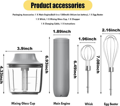 Cordless Hand Mixer, 4-in-1 Handheld Electric Mixer with Electric Whisk Frother & 10 oz Mini Food Chopper, USB-C Rechargeable 4-Speed Hand Mixer for Eggs, Cream, Coffee & Small-Batch Prep