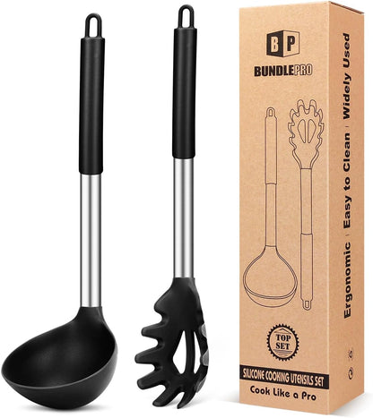 BUNDLEPRO Silicone Soup Ladle and Pasta Spoon Set, 2 Pack, Black