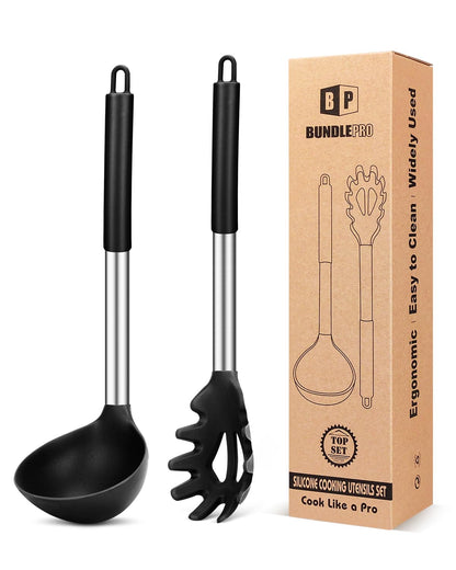 BUNDLEPRO Silicone Soup Ladle and Pasta Spoon Set, 2 Pack, Black