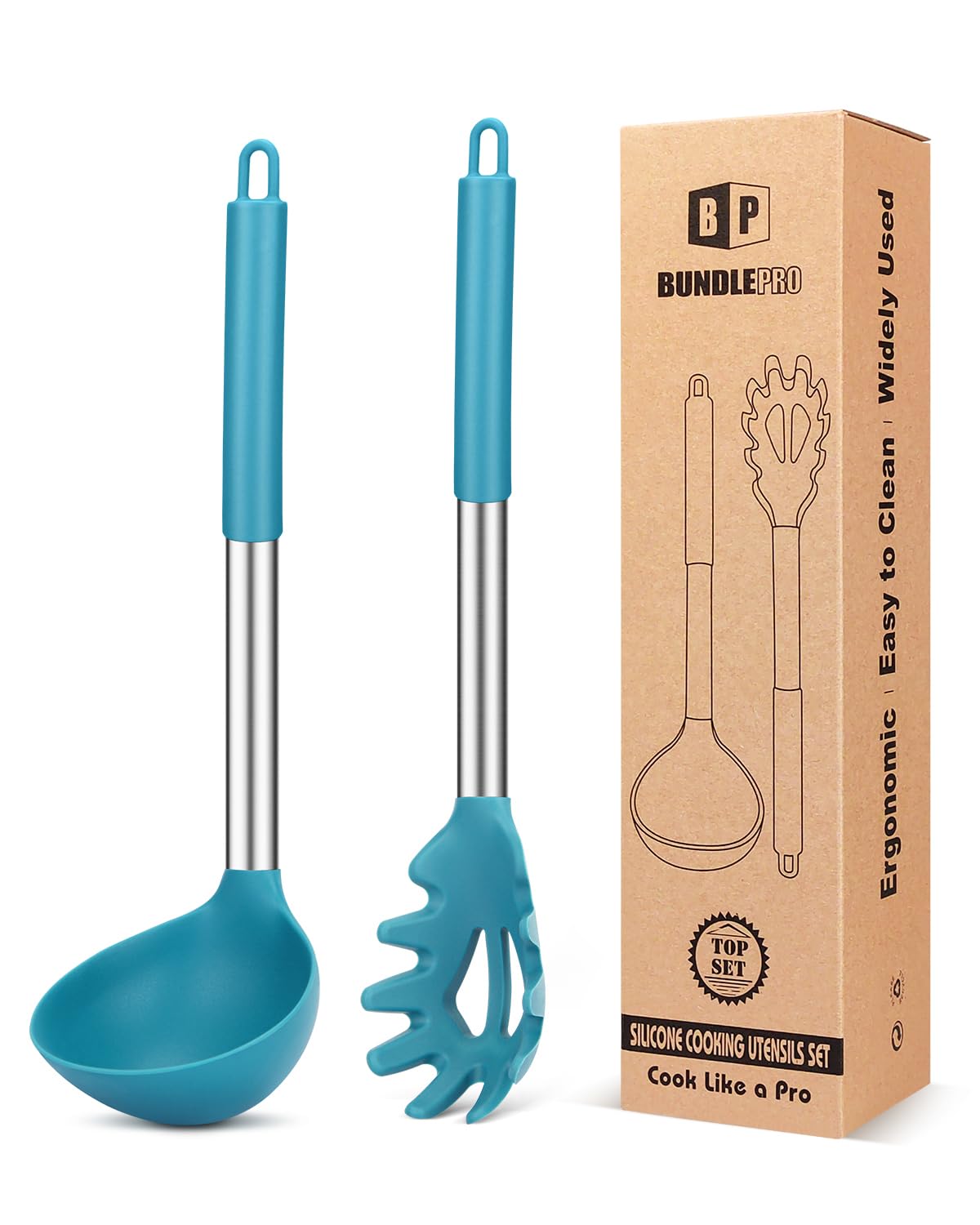 BUNDLEPRO Silicone Soup Ladle and Pasta Spoon Set, 2 Pack, Black