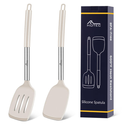 HOTEC Silicone Spatula Set of 2 Heat-Resistant 600°F & BPA-Free Kitchen SaptulaTurner with Stainless Steel Handles, Slotted & Solid Spatulas for Nonstick Cookware, 13.7 Inch, Classic Blue