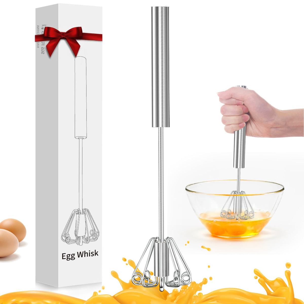 OOKUU Stainless Steel Egg Whisk, Semi Automatic Whisk Blender - Versatile Tool for Blending, Whisking, Beating & Stirring (12in)