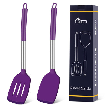 HOTEC Silicone Spatula Set of 2 Heat-Resistant 600°F & BPA-Free Kitchen SaptulaTurner with Stainless Steel Handles, Slotted & Solid Spatulas for Nonstick Cookware, 13.7 Inch, Classic Blue
